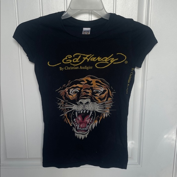 Ed Hardy Tops - Ed Hardy Black Tee with Fierce Tiger and Gold Accents XS